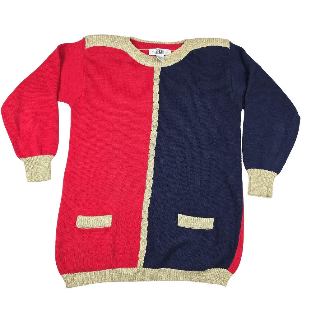 Vintage Segue Women Red Navy Blue Gold Colorblock Metallic Lurex Tunic Sweater M